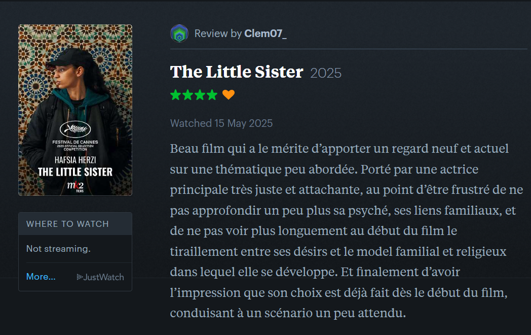 CANNES 2025 · « La Petite dernière » de Hafsia Herzi : nos reviews préférées sur Letterboxd 2 Letterboxd 15